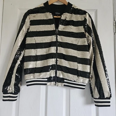 Topshop Stripe Sequin Bomber Jacket Silver Black 6 AS SEEN ON Olivia Palermo - Image 1 of 4