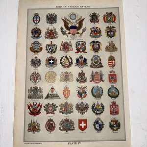 ARMS OF VARIOUS NATIONS 1813 COLOR PLATE IV FROM 1913 M WEBSTER DICTIONARY - Picture 1 of 18