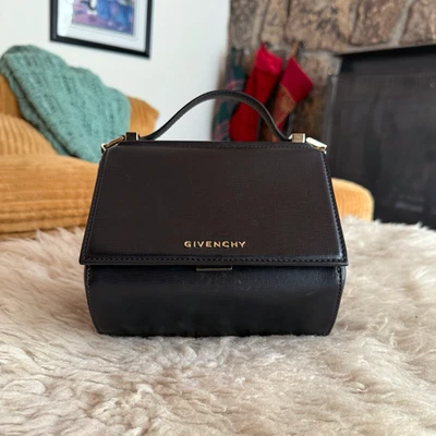 Givenchy мини Pandora ящик черный кожаный верхняя ручка сумка золотая цепочка через плечо - Изображение 1 из 4