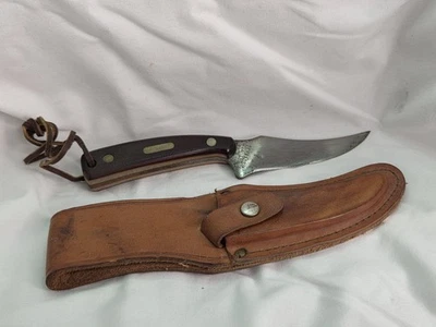 Cuchillo de caza Schrade 152 hecho en Estados Unidos con funda de cuero marrón original Foto 1 de 4