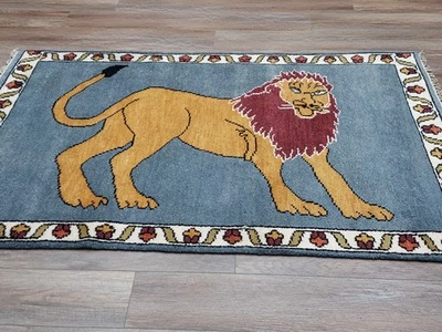 Alfombra turca Bohemia Oushak, alfombra de león turca Oushak hecha a mano (caza), 4x6 pies Foto 1 de 4