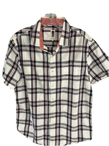 Howe Men's L Cotton Short Sleeve Button Shirt Window Pane Plaid White Red Black - Picture 1 of 6