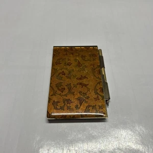 Vintage Metal Notebook Pad Folding Compact Style Flowered Cover Gold Tone Pen - Picture 1 of 5