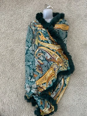 NWT La Fiorentina Oversized Paisley Print Wrap with Faux Rabbit Fur Trim - Green - Image 1 of 4