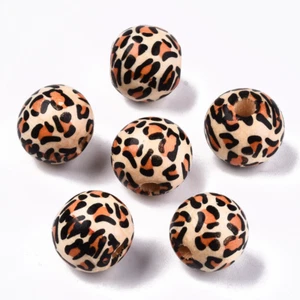 Round with Leopard Print Pattern Natural Wooden Beads 14mm 80pcs - Picture 1 of 2