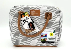 Fit & Fresh Grey & White Pattern Bloomington Lunch Bag Tote & 2 Food Containers - Picture 1 of 4