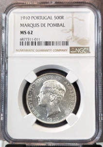 1910 PORTUGAL SILVER 500 REIS MARQUIS DE POMBAL NGC MS 62 RARE MINT STATE COIN - Picture 1 of 3