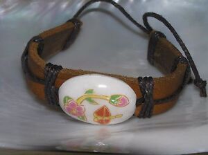 Estate Thick Brown Leather with Gray Wrapped Cord & Ceramic White Floral Bead 