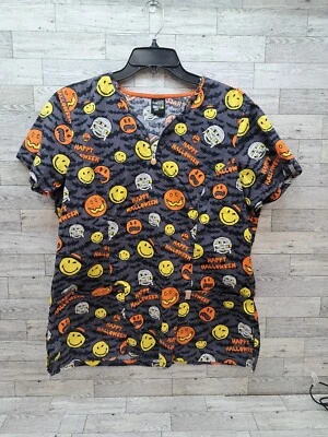 Scrub Top Cartoon Halloween Mummy Pumpkin Emoji Smiley Face  Med- Lg READ - Image 1 of 4