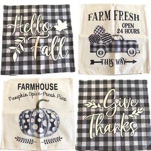 Fall Pillow Covers Set 4 Farmhouse Buffalo Plaid 18x18 Hello Autumn Decor Thanks - Picture 1 of 7