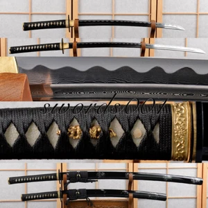 Damascus Folded Steel Japanese Samurai Swords Set Iron Tsuba Katana + Wakizashi - Picture 1 of 12