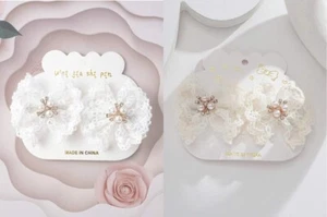 2pcs Set Girls White Beige Mesh Lace Floral Embroidered Faux Pearl Bow Hair Clip - Picture 1 of 7