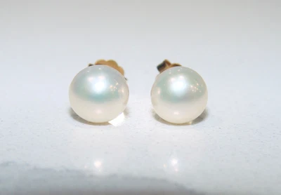 ПОДЛИННЫЙ БЕЛЫЙ БЛЕСТЯЩИЙ ЖЕМЧУГ 7 ММ 10K ЖЕЛТОЕ ЗОЛОТО СЕРЬГИ-ГВОЗДИКИ - Изображение 1 из 4