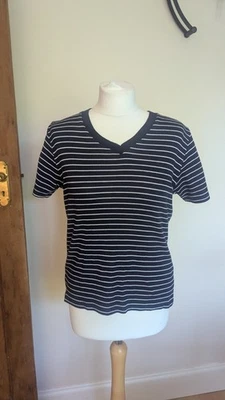 Debbie Morgan Women’s Jumper Size L Navy White Stripe V-Neck Short Sleeve Cotton - Image 1 of 4