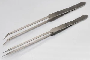 2x Long Nose 8" Large Tweezers Jewellery Watchmakers Tool Curved & Straight Set - Picture 1 of 4