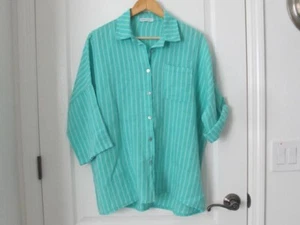 Made in Italy XL grün gestreiftes Hemd Knopfleiste Kragen Leinen Damen kurz Rollriegel Slv - Bild 1 von 11