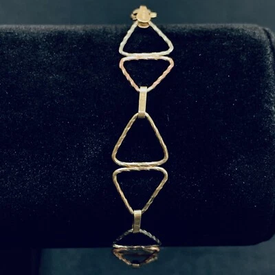 10k Yellow Gold Rose Gold White Gold 3 Tone Bow Tie Link Triangle Bracelet 7.5” - Image 1 of 4