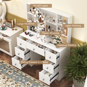 Makeup Vanity Desk Dressing Table with Large Mirror and LED Light 7 Drawers - Picture 1 of 13