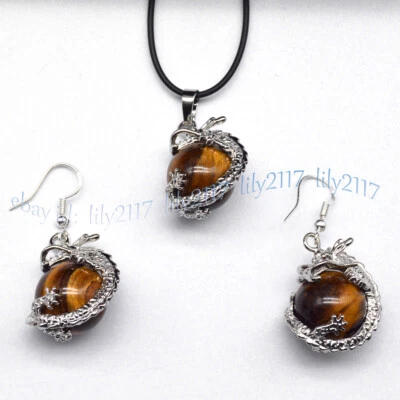 Conjunto de aretes colgantes de dragón bola piedras preciosas ojo de tigre amarillo natural Foto 1 de 4