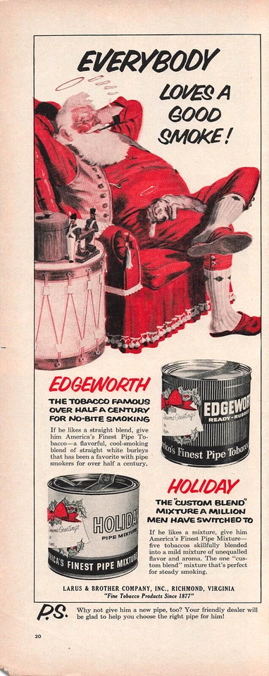 Anuncio impreso de tabaco Edgeworth Pipa anuncio vintage de Navidad Richmond VA Santa 1955 Foto 1 de 1