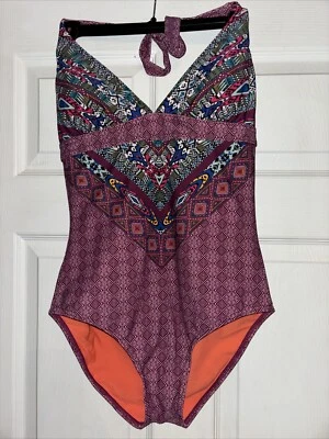 Prana Lahari M Burgundy Marrakesh Print One Piece Halter Swimsuit Active Beach - Image 1 of 4