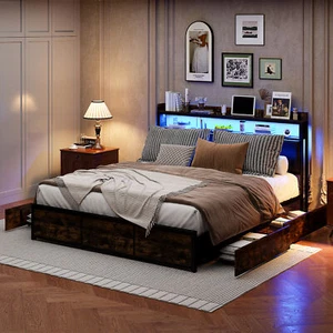Polsterbett 180x200 cm Doppelbett Bettgestell mit 4 Schubladen LED Stauraumbett - Bild 1 von 12