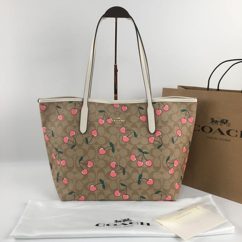 Borsa Coach Tote Bag Firma Cuore Stampa Ciliegia CACHI CHIARO CF444 Outlet NUOVA GIAPPONE