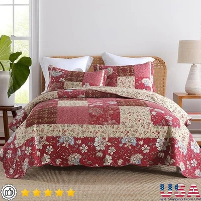100 Cotton Reversible Patchwork Quilt Set Lightweight Bedspread Coverlet Shams - Image 1 of 4