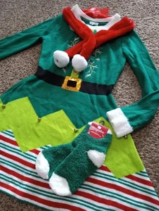 3 PC Born Famous Women's Medium Sweater Christmas Elf Dress Jingle B Scarf Sock - Picture 1 of 15