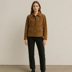 Ann Taylor LOFT Wildleder hellbraun 100 % Leder Blazer Jacke Mantel Knopfleiste Gr. 6P gefüttert - Bild 1 von 14