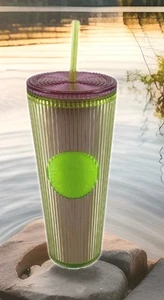 Starbucks 2025 Neon Transparent Lime Lilac Pleated Striped Venti Tumbler 24oz - Bild 1 von 9