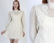 Vtg 60s Victorian Micro Mini Dress Pleated Wedding Chiffon Mod Bridal Gown