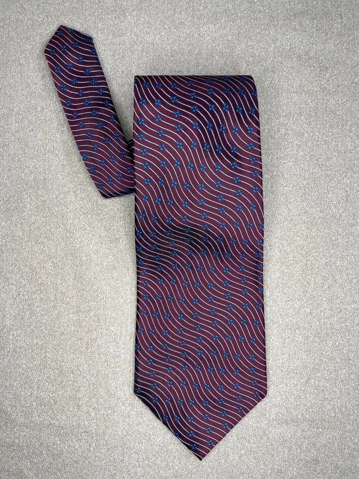 Paul Fredrick Tie Red w/ White Wavy Lines & Blue Dots 58"x4" 100% Italian Silk - Image 1 of 4