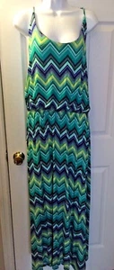 New BELLE DU JOUR Chevron Maxi Dress Blue Green Beach Sz 3X Junior Plus - Picture 1 of 5