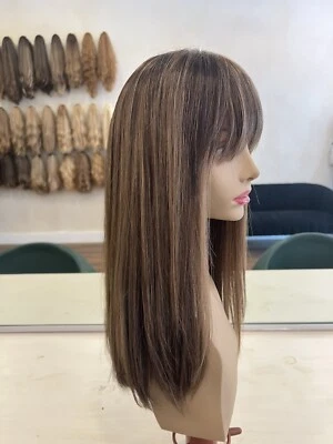 Top de encaje 100 % cabello humano kosher marrón con reflejos flequillo corte personalizado color Foto 1 de 4