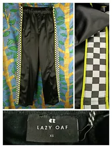 Lazy Oaf XS Track Pants Men's Women's Unisex Black NWT Check Trim yellow piping - Picture 1 of 12