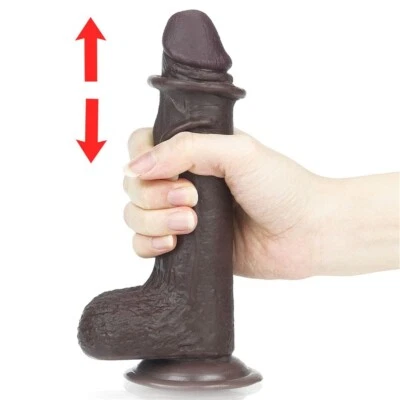 7" Black Realistic Sliding Skin Dual Density Dildo Cock with Balls Suction Cup - Image 1 of 4