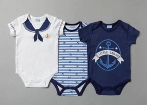 Baby Boy Bodysuits Jersey 3 Pack Set 100% Cotton Navy Blue White Nautical - Picture 1 of 4