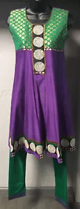Salwar Kameez 2 Stück Deep Purple Green Bronze Silber Ärmellos Stickerei Gr. 32 - Bild 1 von 10