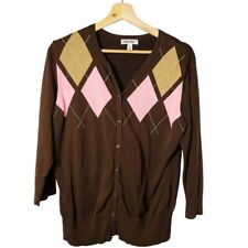 Womens Argyle Cardigan Sweater u Brown Pink Top Size Extra Large Button Down