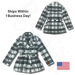 Joujou Pea Coat Jacket Women's Large Gray White Button Plaid Belted Wool Blend - Picture 1 of 20