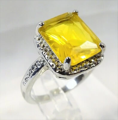 Beautiful Large 6.7 ct Radiant Cut Orange Citrine Silver Cocktail Ring Sz 6 - Image 1 of 4