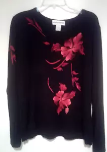 Cathy Daniels Sweater Women's Black Red Floral Acrylic Long Sleeve XL - Picture 1 of 3