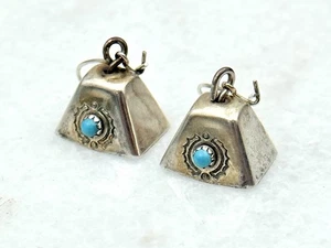 Vintage Sterlingsilber Navajo Türkis Glocke Ohrringe Hänger Haken Jingles - Bild 1 von 4