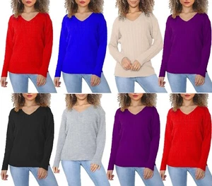 Womens V Neck All Over Cable Knitted Jumper Long Sleeve Warm Knit Sweater Top - Picture 1 of 15