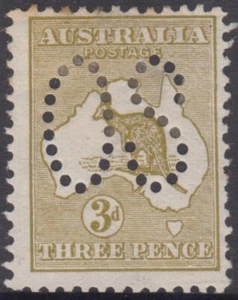 Stamp 1913 Australia 3d olive Kangaroo single watermark perf large OS. MH toned - Picture 1 of 2