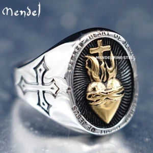 MENDEL Gold Plated Mens Catholic Sacred Heart Of Jesus Cross Ring Size 7 8 9-15