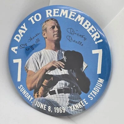 1969 Mickey Mantle Day to Remember Retirement Ceremony Button Pin Yankees 4" - Image 1 of 4
