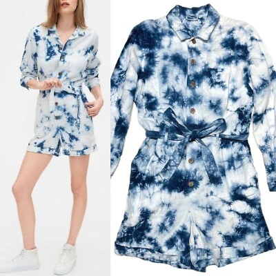 GAP Tie Dye Lino Manga Larga Mameluco Corbata Cintura Abotonada Playa Hippie Boho 6 Foto 1 de 4