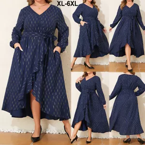 Plus Size Women V Neck Swing Dress Ladies Midi Dress Evening Party Ball Gown - Picture 1 of 11